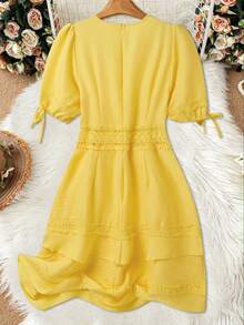 EMERY ROSE Women's Solid Color Lace Trim Dress, Summer - Light Yellow - View 2