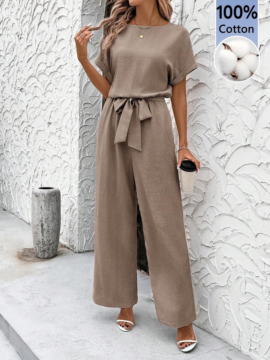 SHEIN Clasi Elegante tuta corta estiva da donna in lino blu, con maniche a sbuffo e vita annodata, adatta a varie occasioni, viaggi quotidiani, uscite, ecc. Outfit modesti da donna in 2 pezzi, coordinati casual e raffinati, adatti a donne di taglia piccola - Moka Marrone - Visualizzare 1