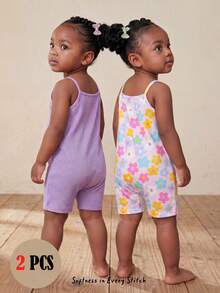 1+1 儿童/女童夏季柔软紫色+彩色花卉印花针织吊带连体衣，休闲日常时尚百搭，适合夏季度假、露营、拍照、兄弟姐妹/家庭亲子装 - 彩色 - 查看 7