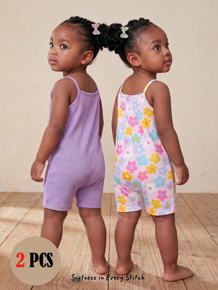 1+1 儿童/女童夏季柔软紫色+彩色花卉印花针织吊带连体衣，休闲日常时尚百搭，适合夏季度假、露营、拍照、兄弟姐妹/家庭亲子装 - 彩色 - 查看 1