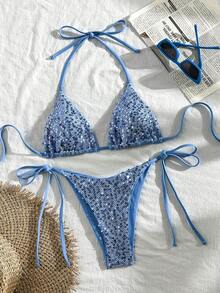Costavie Swim SXY 两件式亮片纹理面料三角罩杯文胸和侧系带比基尼泳衣套装，性感女士夏季度假 - 藍色 - 查看 7