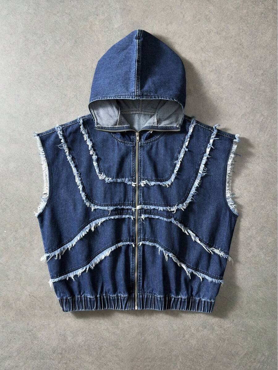 Áo khoác denim nam không tay có mũ, kiểu dáng thường ngày, bạc màu và rách rưới. - Màu xanh lam - Xem 1