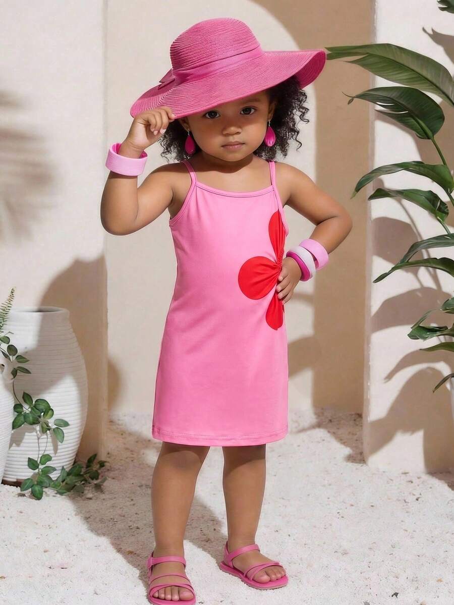 Baby Girl Tropical Fuchsia Round Neck Waist Cutout A-Line Dress - Pink - View 1