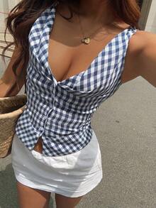 DAZY Plaid Fitted Camisole Sexy French Italian Summer Top For Women Navy Blue And White School Brunch Vacation - Blue - View 5