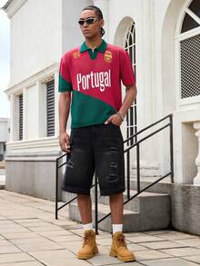 GALLERY FADE Camiseta casual de punto para hombre con patrón numérico de manga corta - Rojo - Ver 5