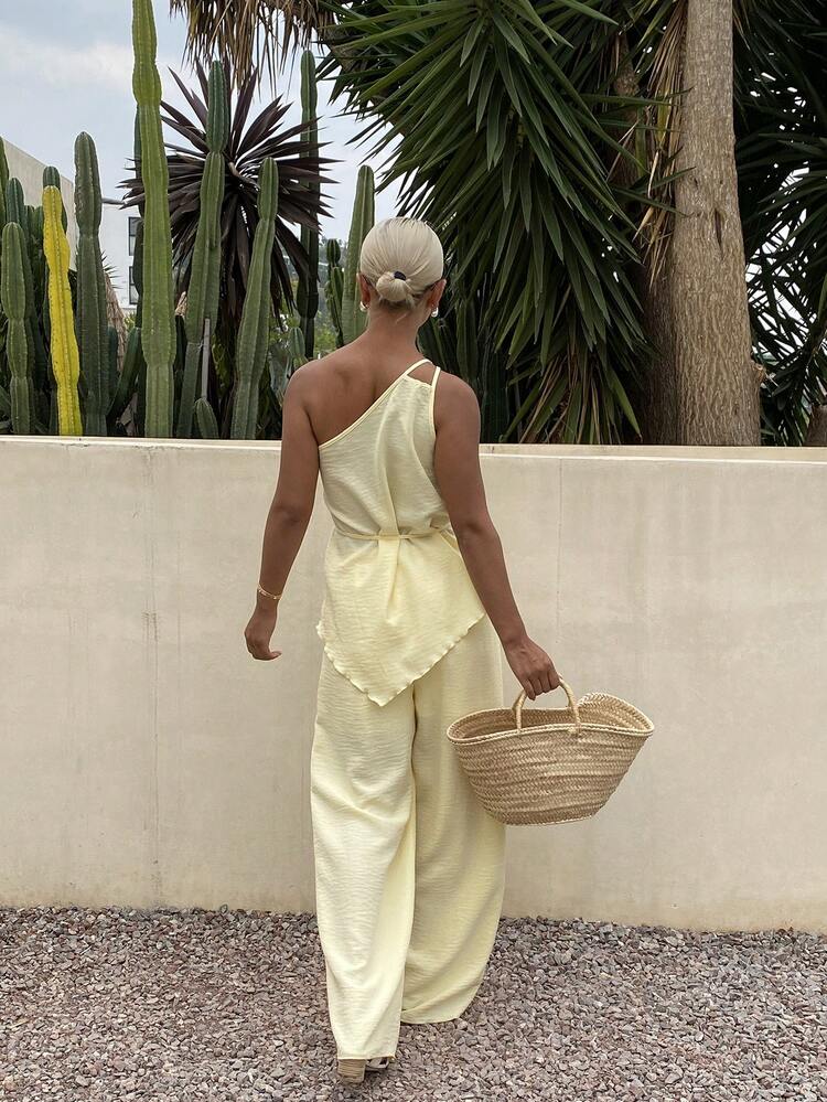Women's 2 Pieces Set, Yellow Fashionable Tie-Waist Loose Style, Suitable For Spring And Summer Lounge Sets For Women