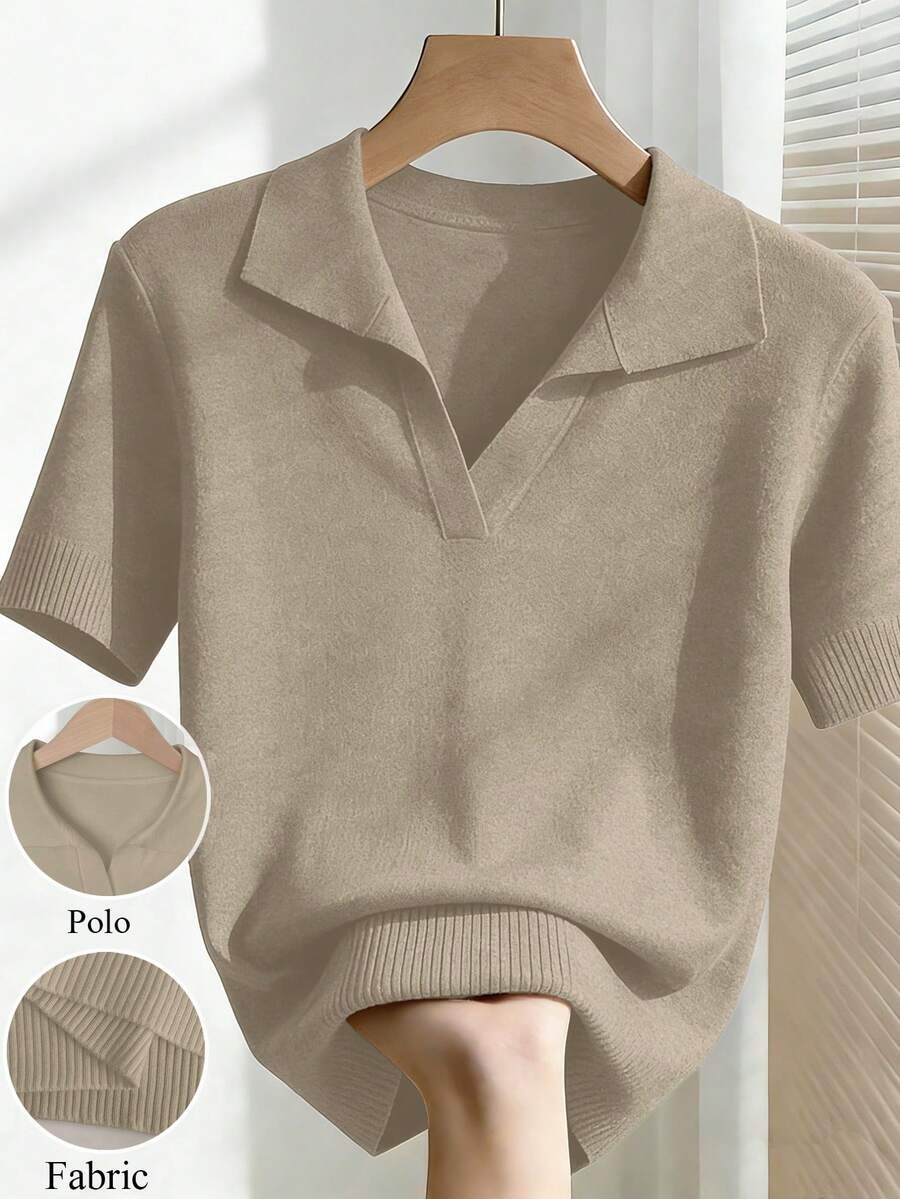 Franclia Women's Spring/Summer White Simple Casual Turndown Collar Raglan Short Sleeve Solid Color Fitted Knit Top, Plus Size - Khaki - View 1