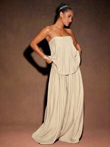Hauture Women's Solid Color Pleated Wide Leg Loose Casual Pants - Apricot - View 4