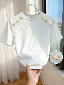 SHEIN Franclia 简约时尚圆领短袖罗纹修身休闲/通勤女款T恤 - 白色 - 查看 3