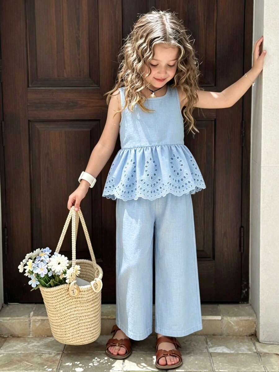 Elladie kids 两件套大童夏季套装 - 蓝色无袖上衣 + 阔腿裤,大童夏季必备单品!精选面料,透气亲肤。无袖圆领上衣简约时尚,镂空刺绣下摆设计更添甜美气息;配套阔腿裤宽松舒适,活动自如,适合上学、公园、休闲聚会等各种场合。 - 藍色 - 查看 1