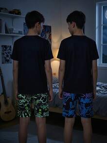 4件套青少年男童黑色极简印花夜光游戏图案短袖上衣和短裤睡衣套装 - 彩色 - 查看 3