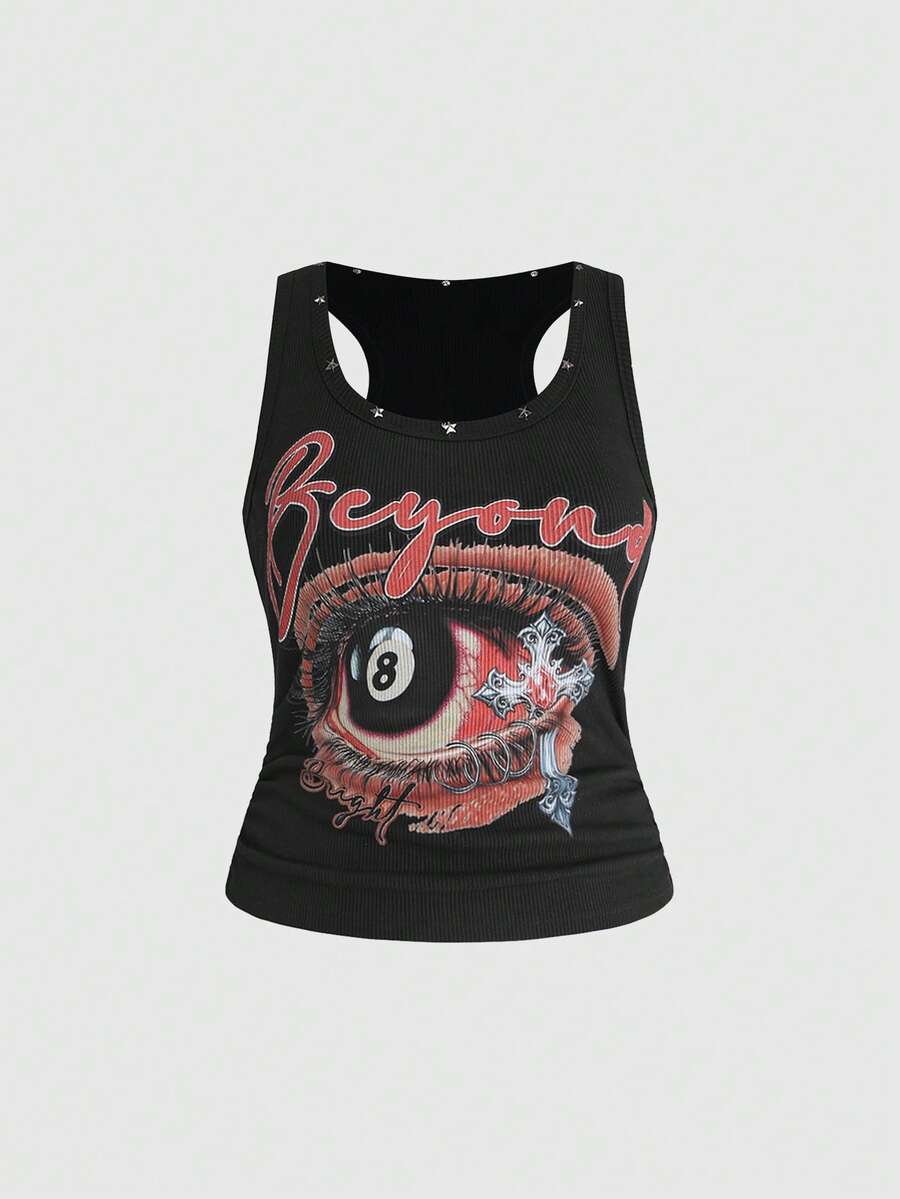 ROMWE Avant Áo tank top nữ cỡ lớn phong cách retro cá tính unisex họa tiết bầu trời sao và đinh tán hình ngôi sao - màu đen - Xem 1
