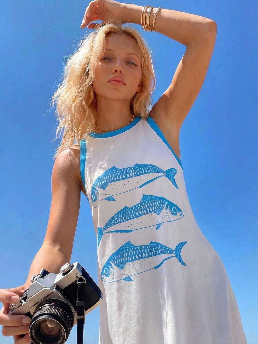 Swim Vcay Women's Casual Colorblock Trim Fish Print Mini Dress, Summer - Blue and White - View 1