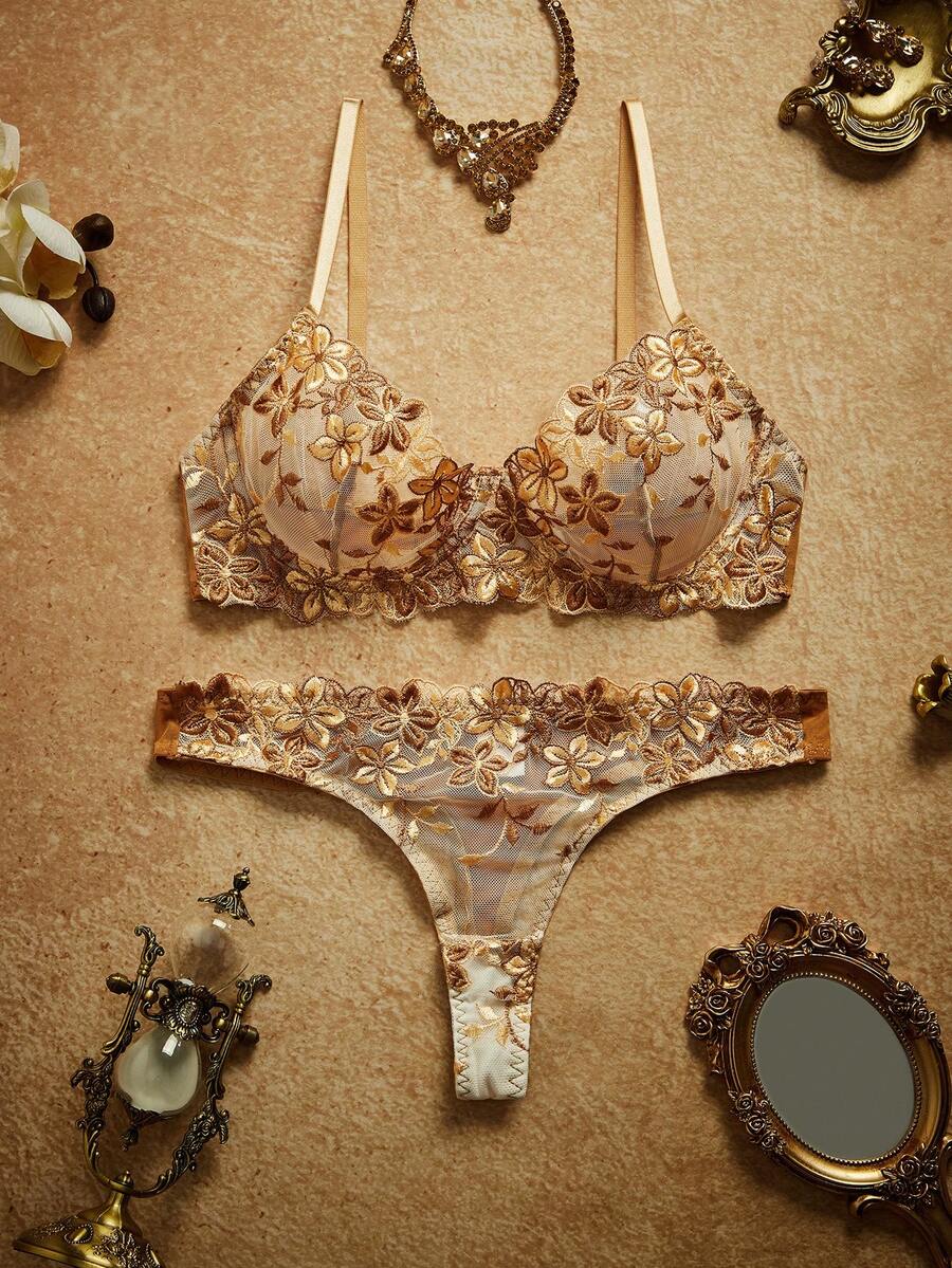 PinupPomp 2pcs/Set Pink Romantic Wire Bra And Pantie Lingerie Set For Women - Champagne - View 1