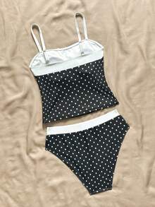 SHEIN Bộ bikini TEENGIRL chấm bi đen trắng, kiểu buộc dây cổ và nơ phối màu tương phản, kiểu dáng kín đáo cho kỳ nghỉ biển. - Đen và trắng - Xem 2