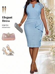 Fleurora Elegant Plus Size Light Blue Textured Pencil Dress For Women With Lace Sleeves And Keyhole Neckline Perfect Party Outfit - Baby Blue - View 1