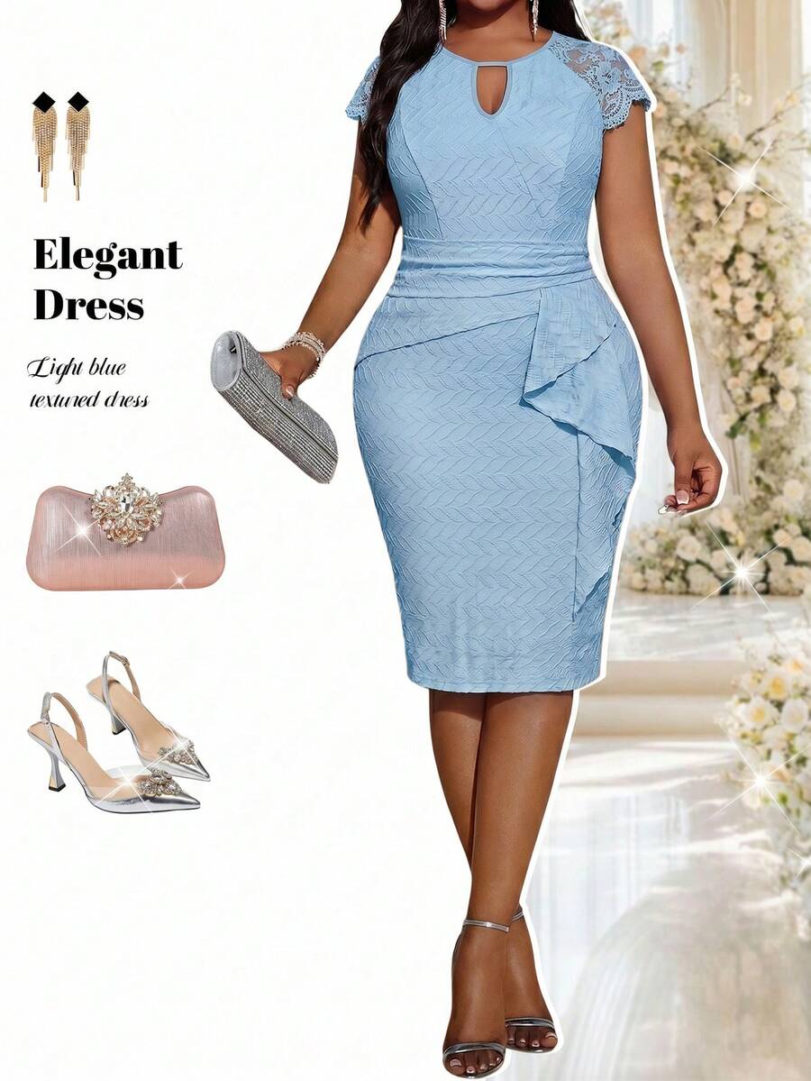 Fleurora Elegant Plus Size Light Blue Textured Pencil Dress For Women With Lace Sleeves And Keyhole Neckline Perfect Party Outfit - Baby Blue - View 1