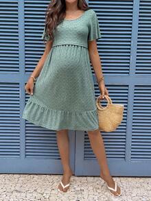 SHEIN Trang phục mùa hè, Đầm dệt kim jacquard màu xanh đậm cho bà bầu, Đầm cho con bú - màu xanh lá - Xem 5