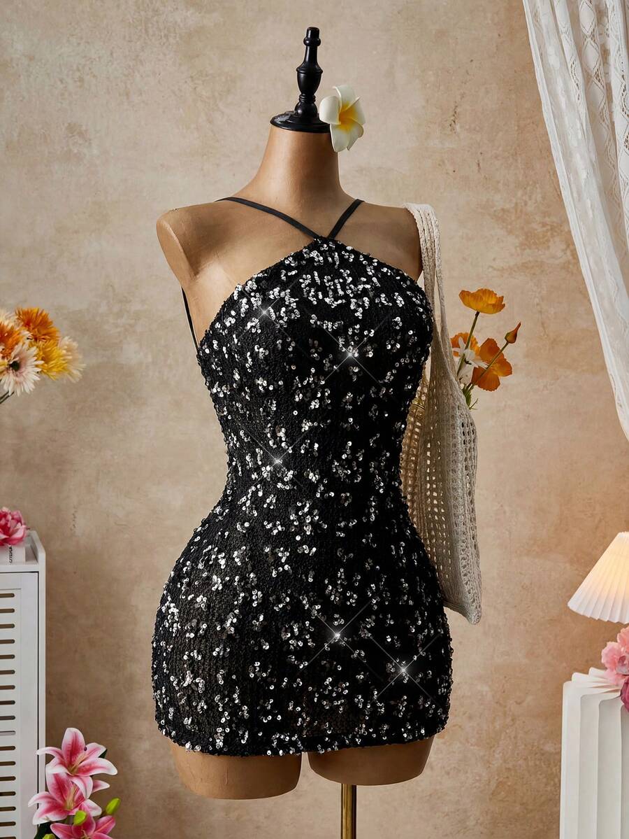 Đầm ngắn hở lưng gợi cảm đính sequin dành cho nữ, thích hợp cho kỳ nghỉ hè. - màu đen - Xem 1