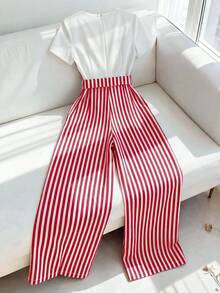 Franclia Mono casual de mujer, mono a rayas de bloques de color - Rojo y blanco - Ver 2