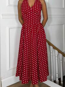 女士夏季休闲假日波尔卡圆点印花露背连衣裙 - 紅白色 - 查看 3