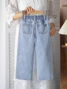 SHEIN Vintaside Kids Quần jean denim xanh nhạt thêu hoa cho bé gái (size nhỏ), dáng ống rộng thoải mái, phong cách ngọt ngào và cổ điển. - Rửa nhẹ - Xem 3