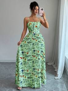 Selianne 女士碎花褶皱连衣裙，夏季时尚 - 綠色 - 查看 3