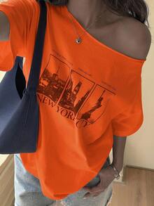 DAZY Teen Girls Minimalist Print Asymmetric Neck T-Shirt Summer - Burnt Orange - View 4