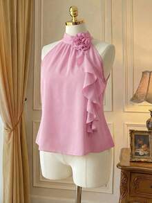 DreamSkyne Plus Size Summer Elegant 3D Floral Ruffle Neck Blouse For New Year Clothes - Pink - View 1