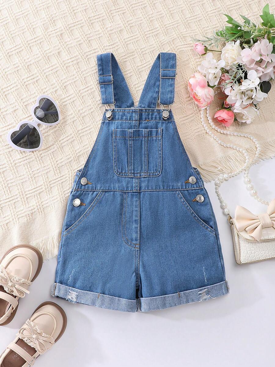 SHEIN Vintaside Kids Young Girl'Denim Bib Shorts,Medium Blue,Back-To-School Summer New Arrival Casual Cute Adjustable Rolled Hem Distressed Relaxed Fit Soft Cotton Fabric