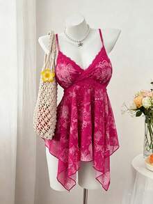 Sweetra 女士印花腰果花领蕾丝不对称下摆围巾式吊带背心，佩斯利印花，适合音乐节、夏季、度假、日常穿着 - 彩色 - 查看 4