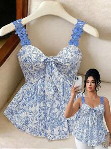 Elenzga Plus Size Women's Elegant Floral Print Ruffle Trim Camisole Top With Cinched Waist, Summer - Blue - View 3