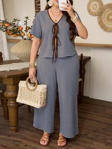 Lacomfia Women's Colorful Striped Tie-Up Short Sleeve Wide Leg Casual Pants Two Pieces Set, Versatile For Summer, Plus Size - Multicolor - View 6