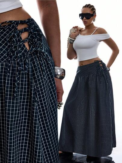 SHEIN EZwear Plus Size Women Casual Minimalist Style Navy Blue Plaid Side Tie Skirt Long Skirt Maxi Skirt Plaid Skirt Checkered Skirt Black Skirt