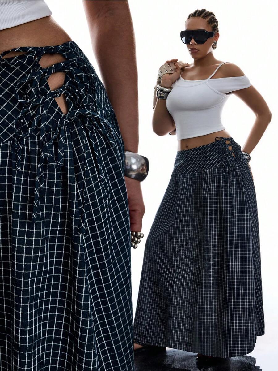 SHEIN EZwear 大码女式休闲简约风格藏蓝色格子侧系带半身裙 - 藏蓝色 - 查看 1