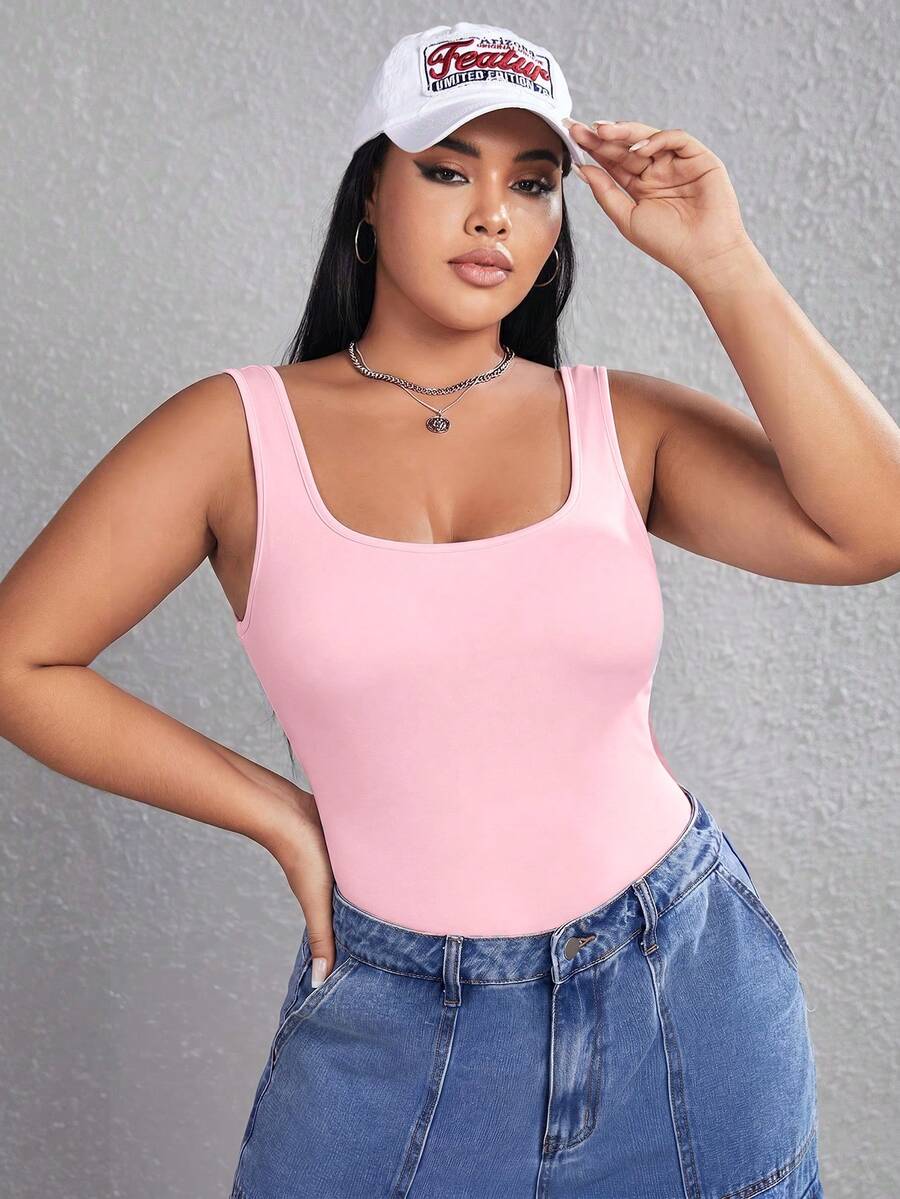 SHEIN EZwear 大码女式纯色休闲百搭连体衣,适合日常穿着 - 玫紅色 - 查看 1