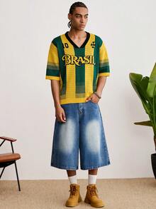 GALLERY FADE Men's Contrast Stripe & Letter Print V-Neck Short Sleeve Knit Top - Yellow - View 4