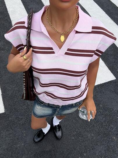Muchica Women's Colorblock Striped Print Short Sleeve Knit Top