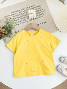 SHEIN LMoss Kids 女童刺绣宽松圆领休闲T恤 - 黃色 - 查看 3