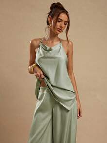 SHEIN BAE Solid Satin Elegant Lantern Pants For Women, Ginger Yellow, Suitable For Going Out, Brunch, Summer, Weddings, Honeymoon, Beach - Mint Green - View 7