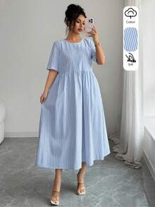 SHEIN LUNE 女士春夏新款休闲亚麻棉质面料连衣裙，百搭款式，适合海滩度假、日常聚会、通勤等场合，复古蓝白条纹短袖圆领连衣裙 - 藍白色 - 查看 8
