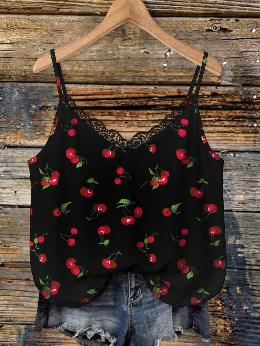 SHEIN VCAY Áo camisole nữ cỡ lớn in họa tiết quả anh đào, phối ren, kiểu dáng thường ngày, đa năng. - Nhiều màu - Xem 1