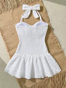 Travachic KIDS Traje de baño de una pieza con tirantes de espagueti, lazo y espalda abierta con estampado de estrella de mar, lindo para el verano y la playa, para niñas preadolescentes - Blanco - Ver 2