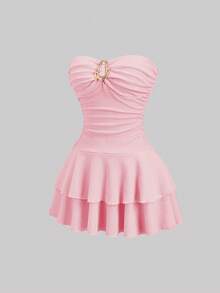 Sweetra Gaun Mini Dua Lapis Tanpa Tali Bahu Elegan untuk Wanita - Baby Pink - View 3
