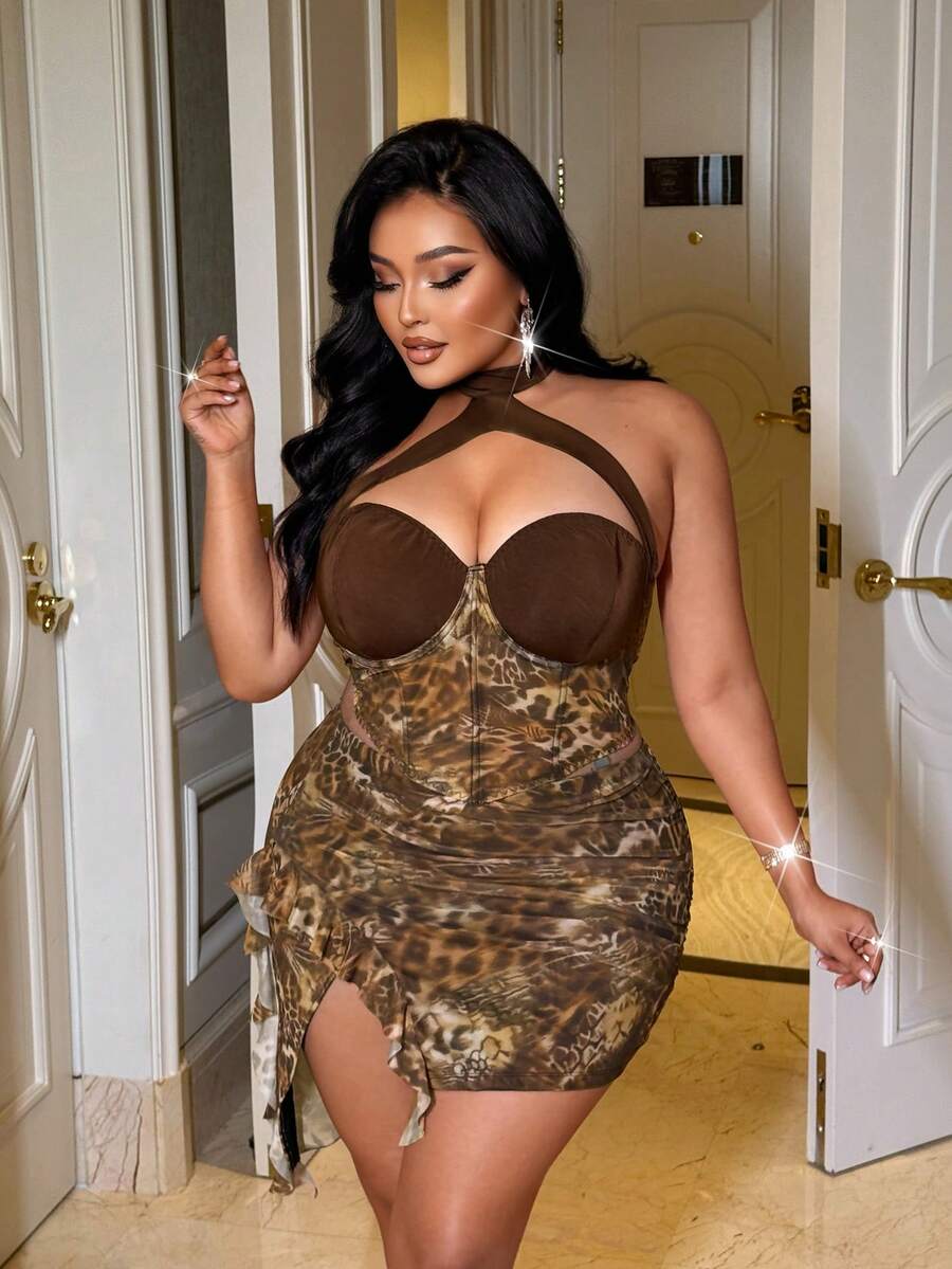 NU&NOW Plus Size Women's Leopard Print Bodysuit Dress,Brown,Summer,70's,Night Out Club,Party,Off-Shoulder Sheer Mesh Patchwork Fitted Holiday Outfit - Multicolor - View 1