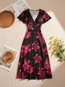 Slaydiva Black Elegant Sexy Women's Floral Dress Summer Beach Night Out Party Vacation Outfits Deep V-Neck Ruffled Short Sleeve Belt Tie A-Line Umbrella Dress - Multicolor - View 14