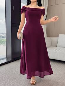 Feyla Women's Elegant Solid Color Off-Shoulder Dress, Summer - Red Violet - View 4