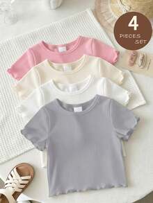 SHEIN Playful Pals 4pcs/Set Infant & Toddler Girls Grey And Pink,Summer,Casual,Graduation,Back-To-School Korean Style Ruffle Trim Ribbed Solid Short Sleeve Basic Tops - Multicolor - View 4