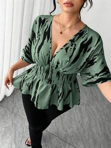 SHEIN Elenzya 大码女式V领插肩袖休闲衬衫，适合外出、聚会和通勤。 - 綠色 - 查看 6