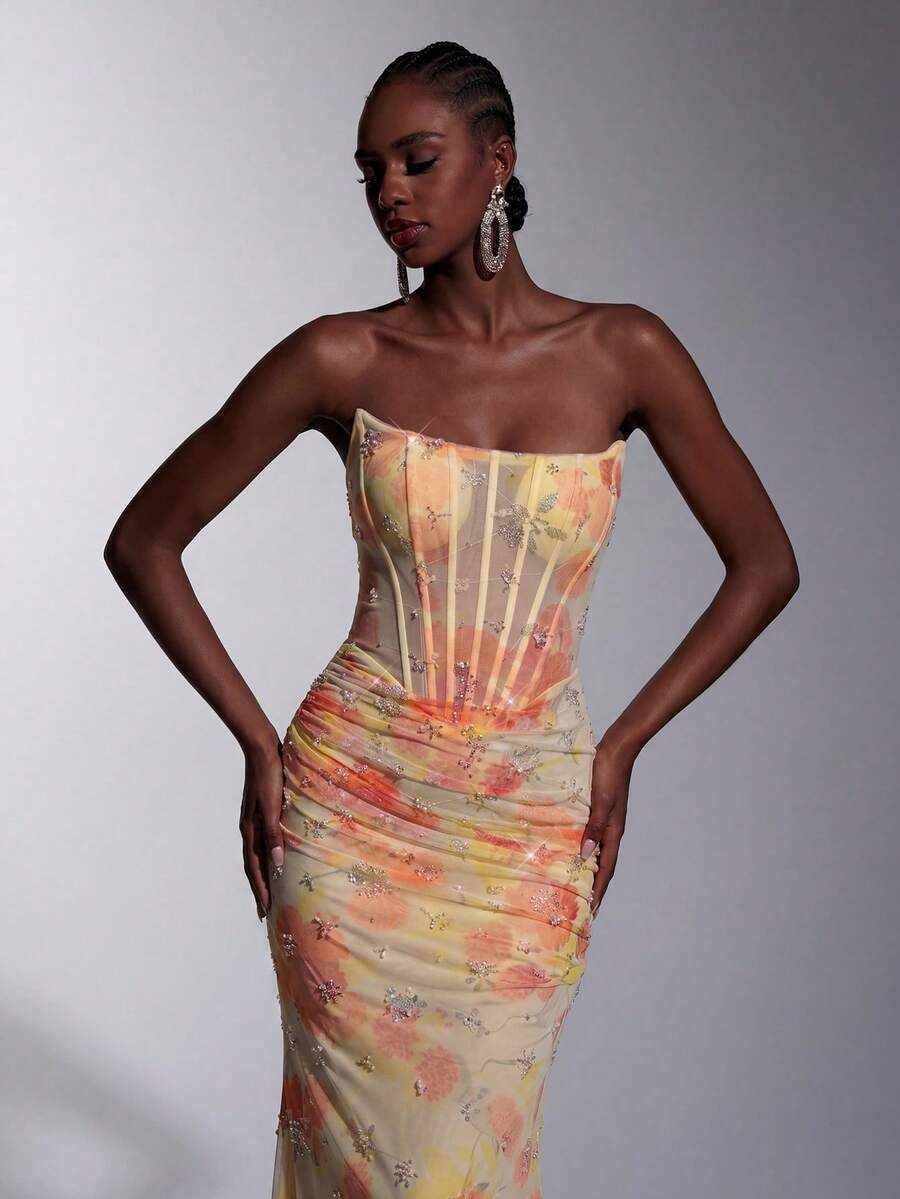 Elitara Elegante y lujoso vestido de noche para mujer con bordado de cuentas multicolor en malla, decoración fruncida hecha a mano, cuello barco, cinturón transparente con cintura y cintas móviles, falda de cola de pez con cola